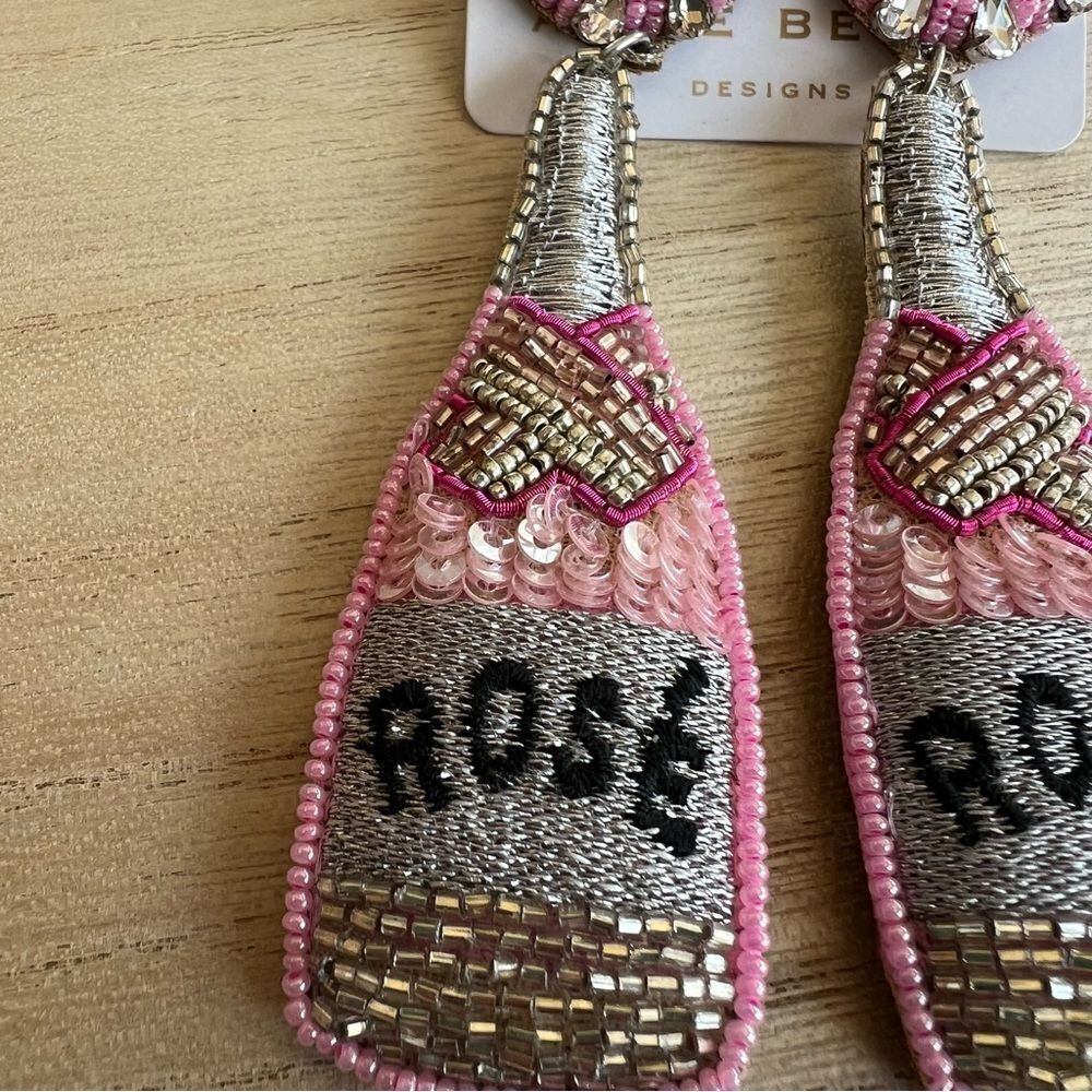 New Monkees of Winter Park Pink Rose Bottle Beaded Sequin Dangle Post Earrings - Picture 2 of 9